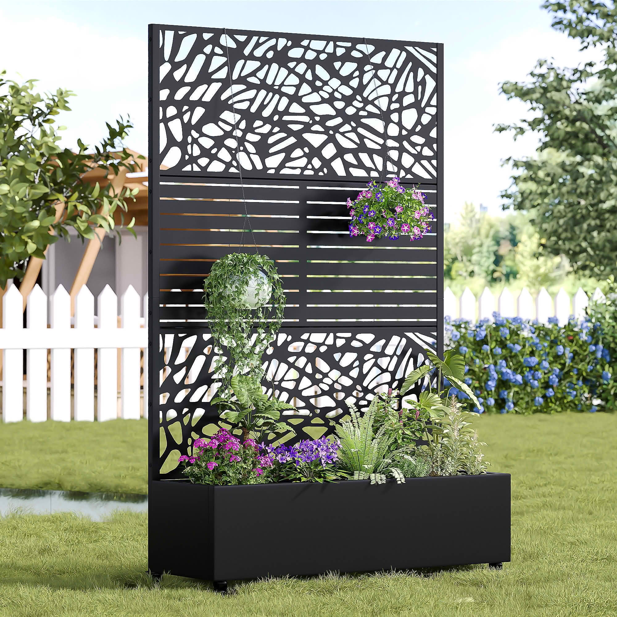 MAYEERTY 72x47x16 Inch Black Metal Planter Box with Trellis for Outdoor Garden & Patio
