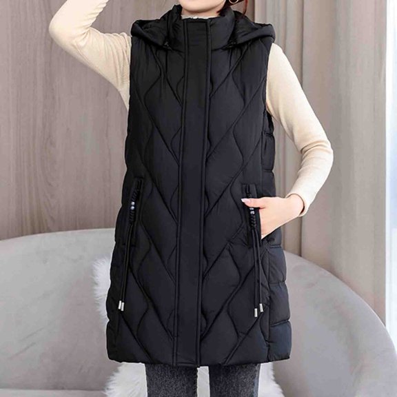 Wancir Women's Long Puffer Vest Cotton Sleeveless Puffy Jacket with Removable Hood
