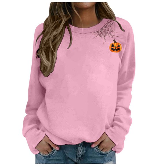 Halloween Graphic Lightweight Sweatshirt for Autumn Comfort Casual Crewneck Top with for Holiday Wear Pink M