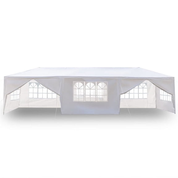 LODZPK 10' x 30' Outdoor Party Tent with 8 Removable Sidewalls, White Canopy for Weddings, BBQs and Events