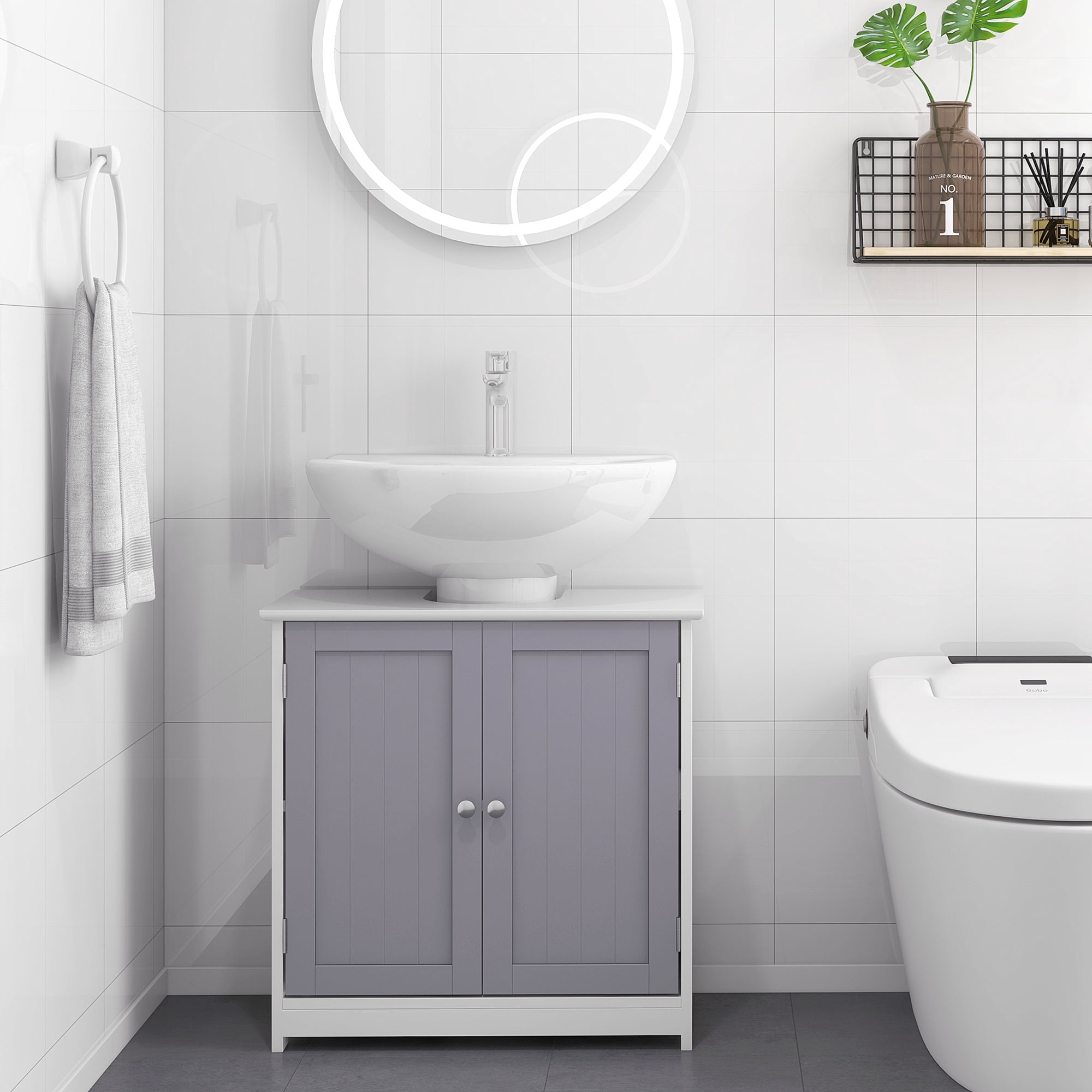 Homiyad Bathroom Vanities, Bathroom Sink Cabinets with U-Shape Cut-Out and Adjustable Internal Shelf, White and Gray