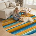 thumbnail image 4 of Washable Round Rugs 6ft Blue Gold Striped Circle Rug Non-Slip Soft Non-Shedding Low-Profile Abstract Vintage Watercolor Geometric Large Area Rug Carpet for Living Room Bedroom Dining Room Home Decor, 4 of 8