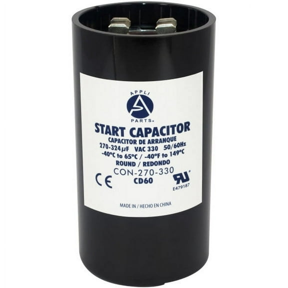 Appli Parts motor start capacitor 270-324 Mfd (microfarads) uF 330 VAC universal fit for electric motor applications 1-3/4 in Wide 3-3/8 in Height CON-270-330