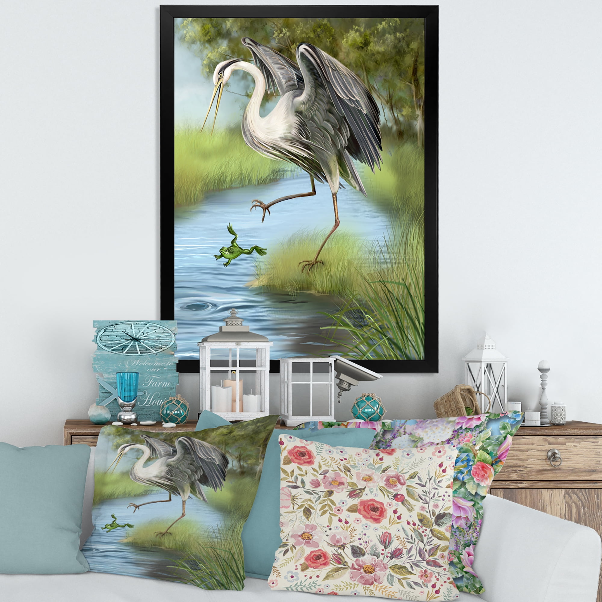 Designart 'Crane Hunting A Frog' Farmhouse Framed Art Print