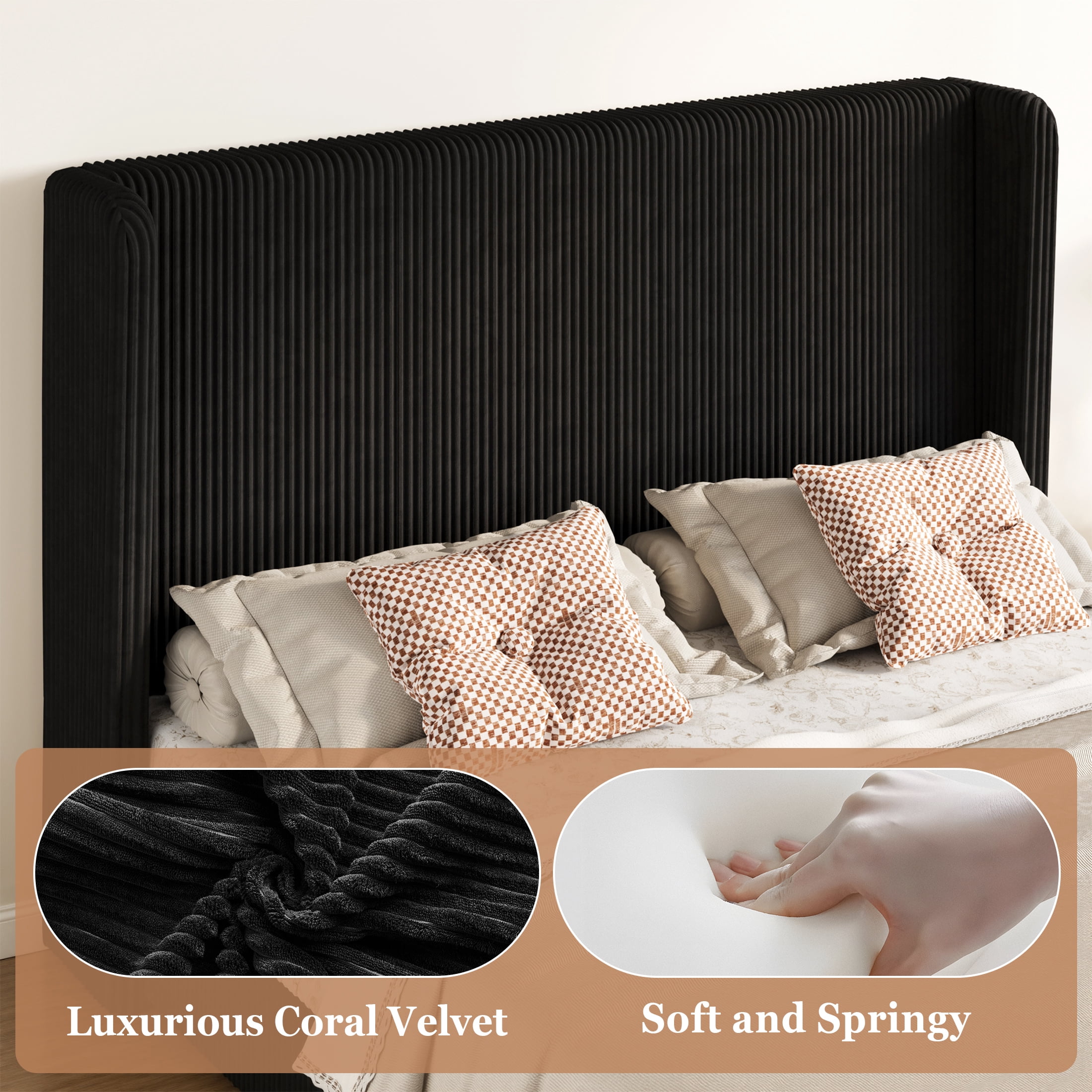 Amolife Full Size Platform Bed Frame with Velvet Upholstered Wingback Headboard, Black