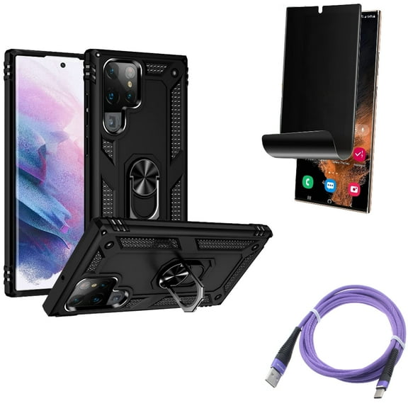 Privacy Screen Protector & 6ft USB Cable & Hybrid Case Cover for Samsung Galaxy S22 Ultra (6.8") - Combo TPU Film (Fingerprint) Anti-Peep & Purple Type-C Charger Cord & Metal Ring Kickstand