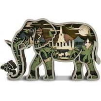 3D Wooden Animals Carving, Elephant Decor Multi-Layered Wood Carved Animal Statues Wall Hanging Figurines Rustic Sculpture Silhouette Crafts for Farmhouse Living Room Home Room for Birthday Gifts