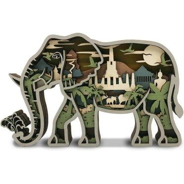 3D Wooden Animals Carving, Elephant Decor Multi-Layered Wood Carved Animal Statues Wall Hanging Figurines Rustic Sculpture Silhouette Crafts for Farmhouse Living Room Home Room for Birthday Gifts