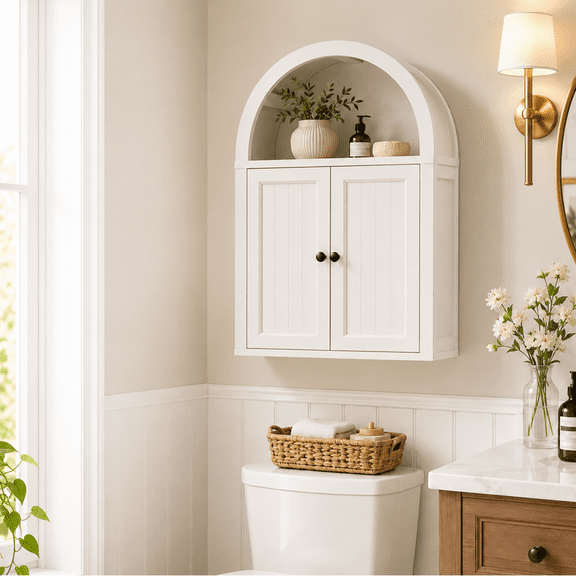Arched Bathroom Wall Cabinet, Wooden Over Toilet Storage Cabinet with Open Arch Shelf, 2 Doors & Adjustable Shelf, Farmhouse Wall Mounted Storage Organizer for Bathroom, Laundry Room, Kitchen-White
