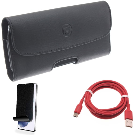 For Samsung Galaxy S21 (6.2") - Holster Leather Case Belt Clip   Charger Cord Red 6ft USB-C Cable   [Fingerprint Works] TPU Film Privacy Screen Protector