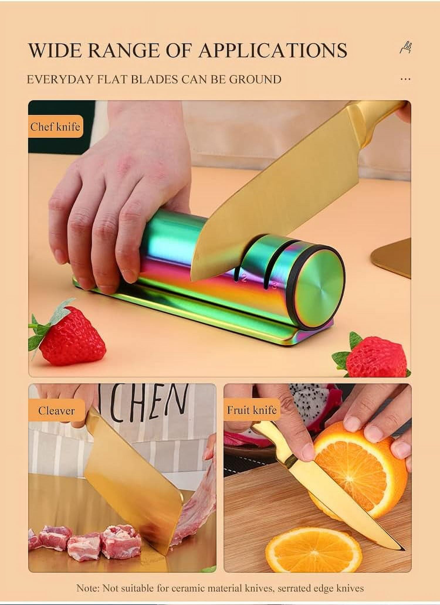 ABPETE 4-in-1 Kitchen Knife Accessories, 3-Stage Knife Sharpener Helps Repair, Restore, Polish Blades, Professional Knife Sharpening Tool for Kitchen Knives, Easy Manual Sharpener - Gold