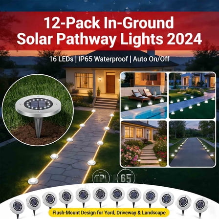12-Pack Solar Pathway Lights Outdoor, Upgraded 2024 Solar Garden Lights with 16 LEDs & IP65 Waterproof - Auto On/Off White Outdoor Lights for Yard, Lawn, Driveway, Patio, and Landscape Decor