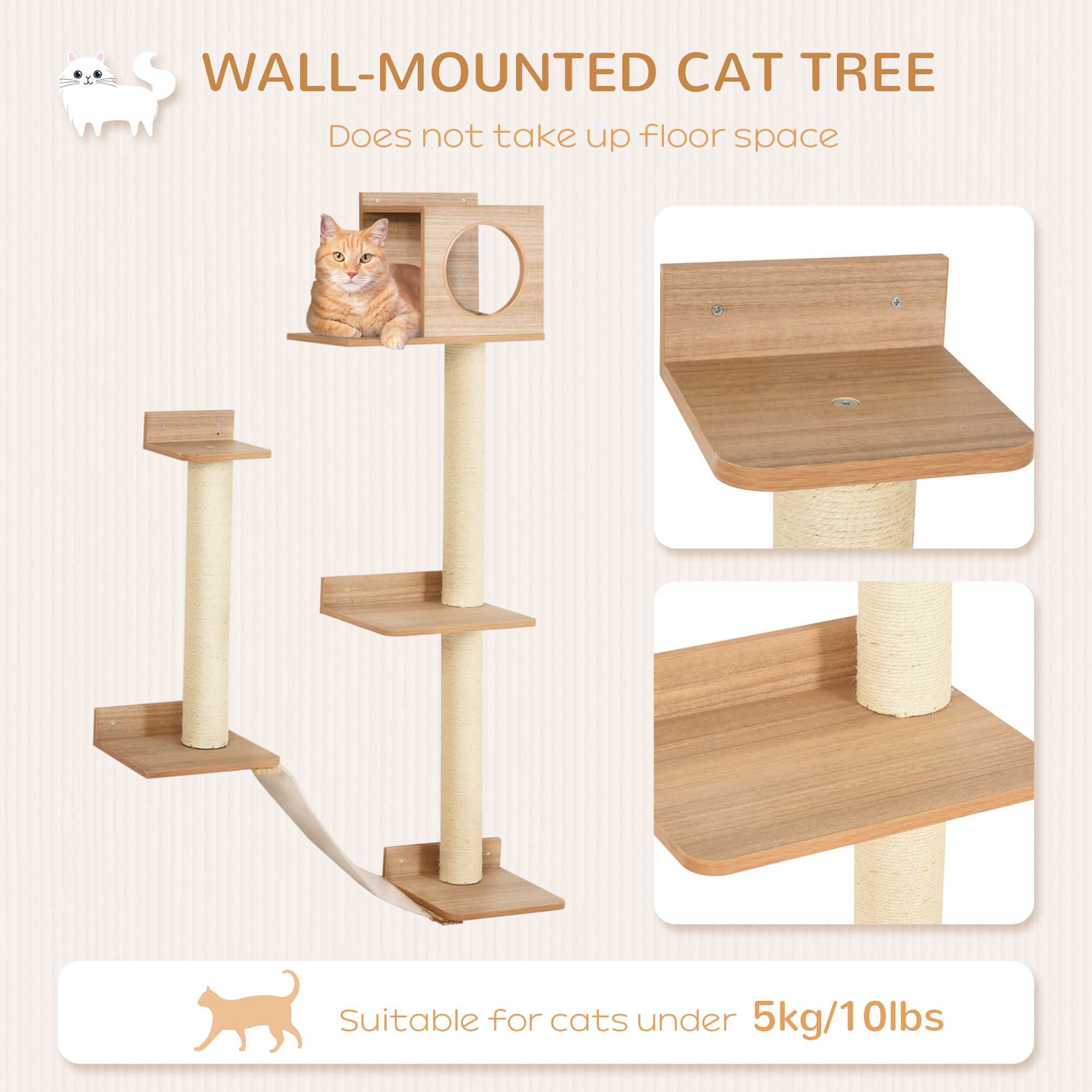 PawHut Wall-Mounted Multi-Level Cat Tree Activity Tower w/ Sisal Scratch Posts - image 3 of 9