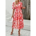 thumbnail image 2 of Floral V Neck Elastic Waist Dress, Red, X-Large, 2 of 5