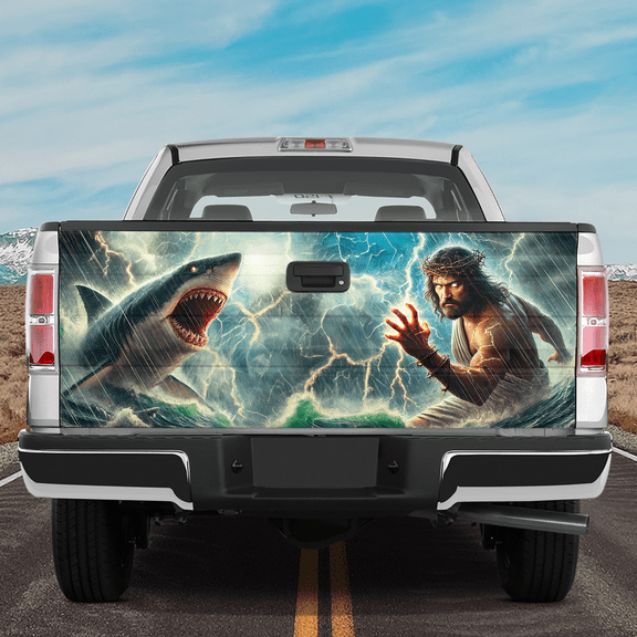 Lotusprinthandmade Jesus Fighting Shark Tailgate Wrap 2 Sizes (24"x58")