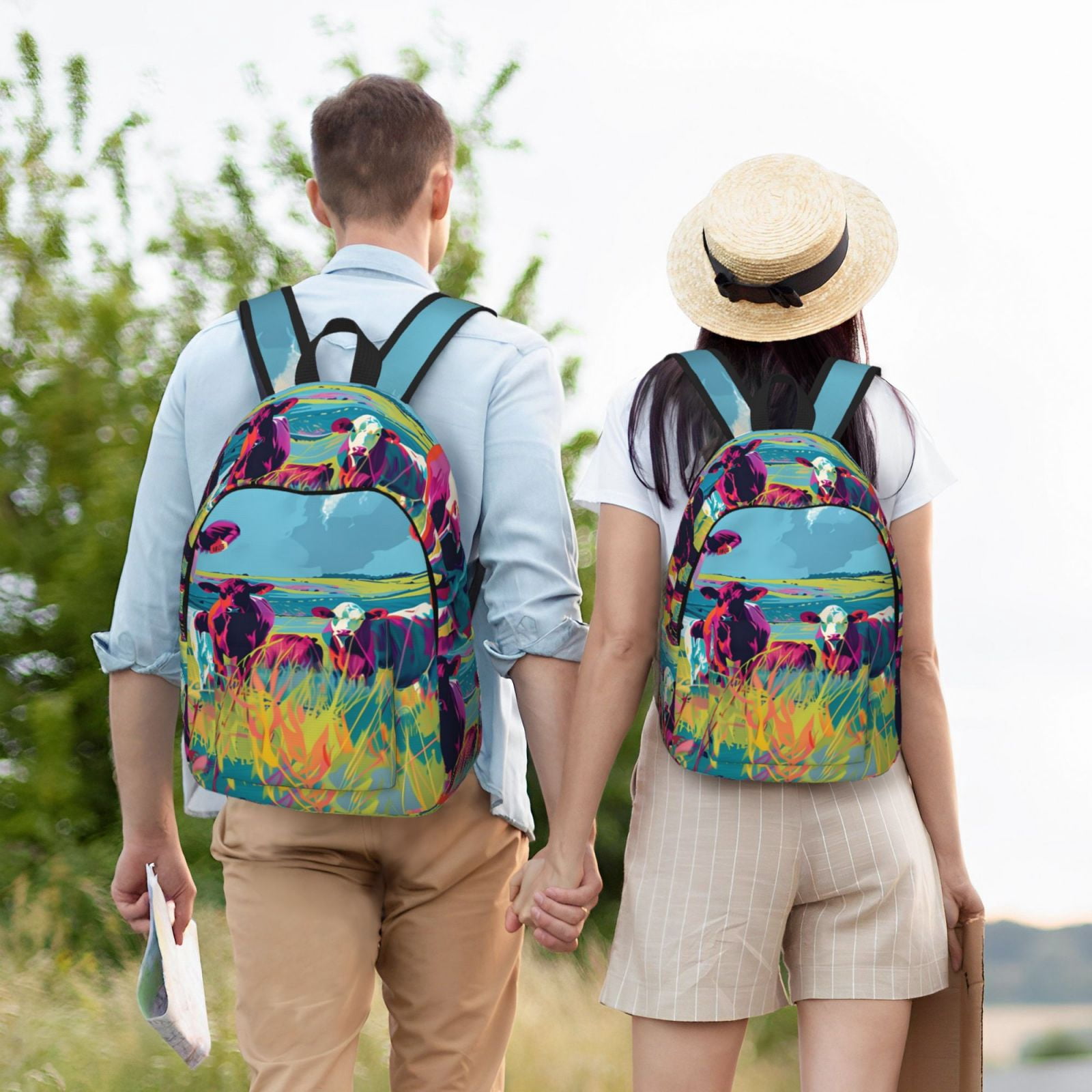 Picia Pop Art Colorful Cows Printed Canvas Daypack - Stylish and Durable Vintage Compact Backpack - Class, Work, Travel, or Laptop Bookbag,Organized Compartments-Medium