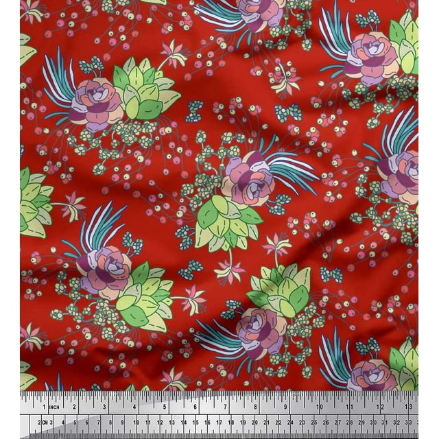 Soimoi Tissu en Coton Cambric Feuilles, Baies & Roses Imprimé Floral 1 Yard 56 Pouces de Large