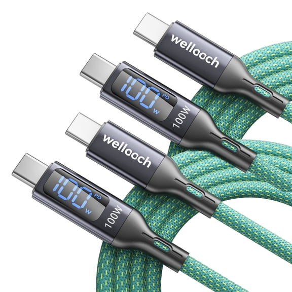 Wellooch 100W Usb C to Usb C Cable with LED Digital Display, 3ft, 2-Pack, Cyan - Fast Charger Cord
