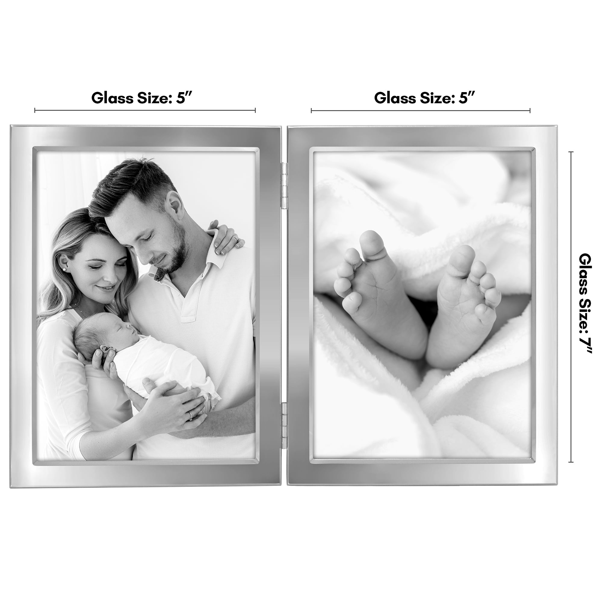 Americanflat 5x7 Hinge Frame with Shatter-Resistant Glass Hinged Metal Wide Beveled Molding Modern - Silver