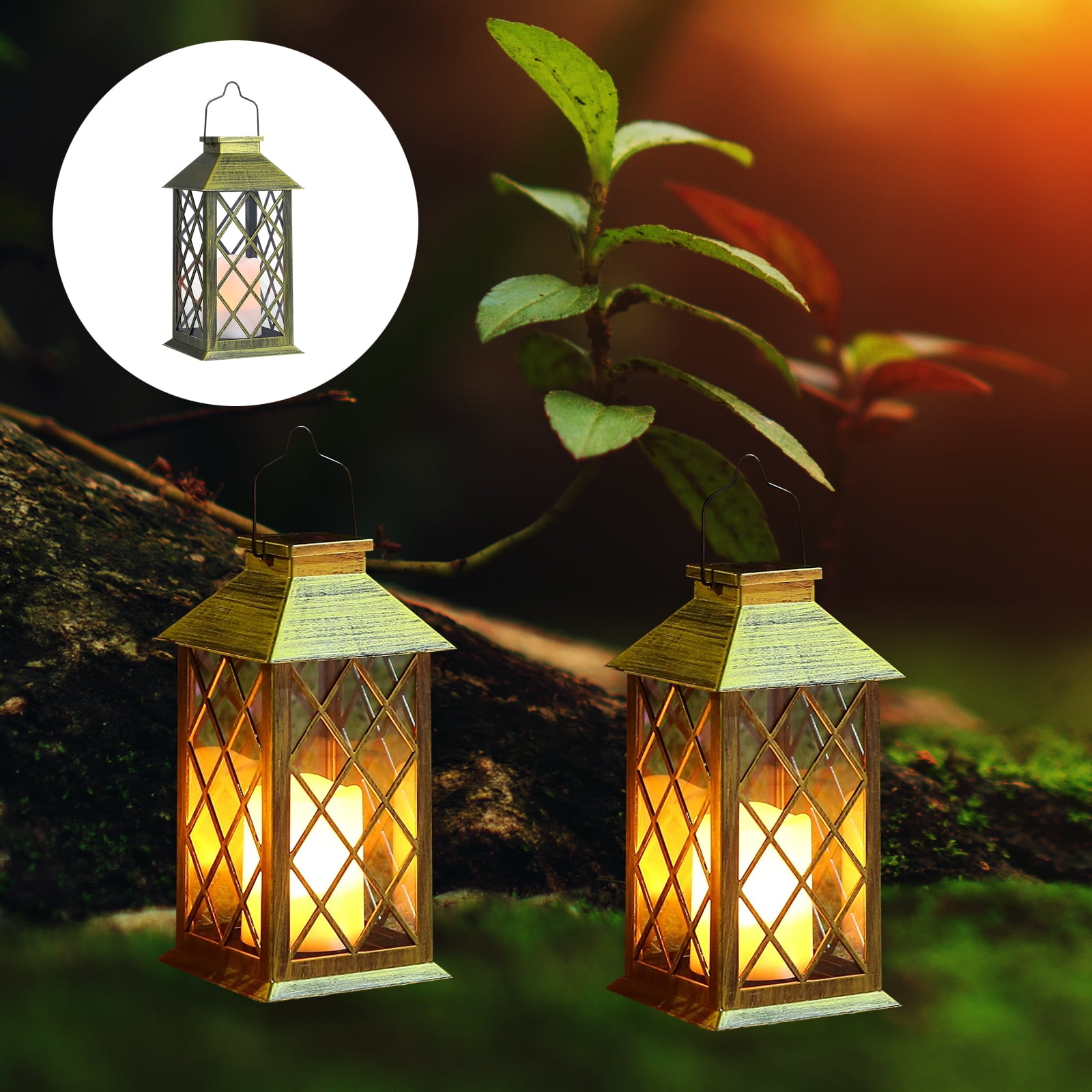 2 Pack Solar LED Candle Table Lantern Hanging Light Outdoor Garden Walkway Lamps 