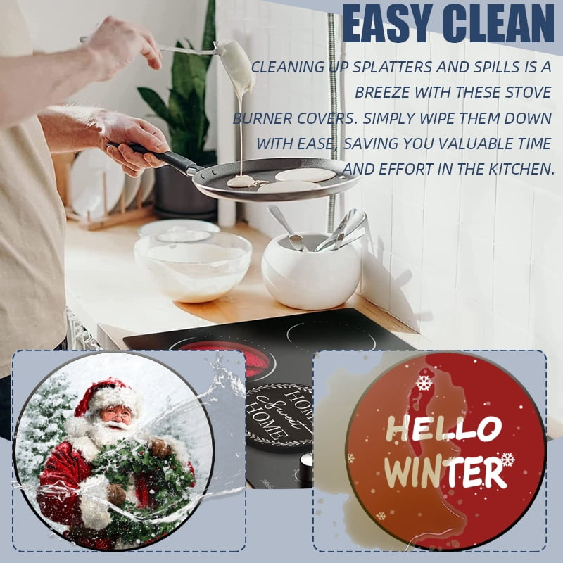 4 Pcs Christmas Gas Stove Burner Cap Set, Hello Winter Christmas Red Truck Durable Round Gas Stove Burner Covers Set of 4 for Kitchen Xmas Decor, 8 Inches and 10 Inches