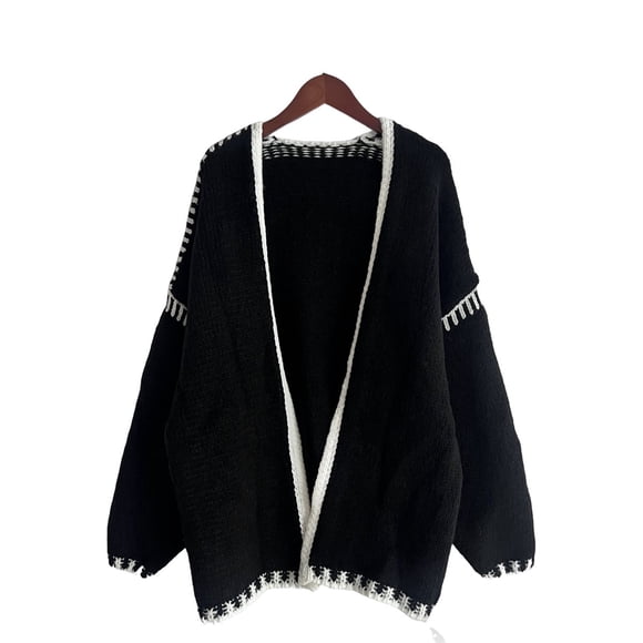 Suéteres Tipo Cárdigan Extragrandes para Mujer, de Otoño, con Mangas Largas Tipo Farol, de Punto, con Parte Delantera Abierta Negro XL