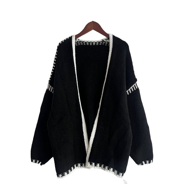 Suéteres Tipo Cárdigan Extragrandes para Mujer, de Otoño, con Mangas Largas Tipo Farol, de Punto, con Parte Delantera Abierta Negro XL