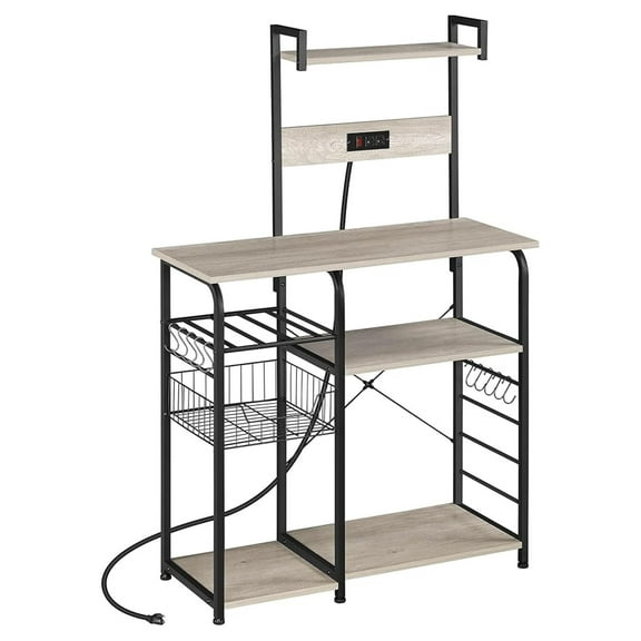 Bakers Rack with Power Outlet, 4-Tier Microwave Stand Cart Coffee Bar with Wire Basket and Wine Storage, Freestanding Kitchen Shelf Extra Counter Space, Gray