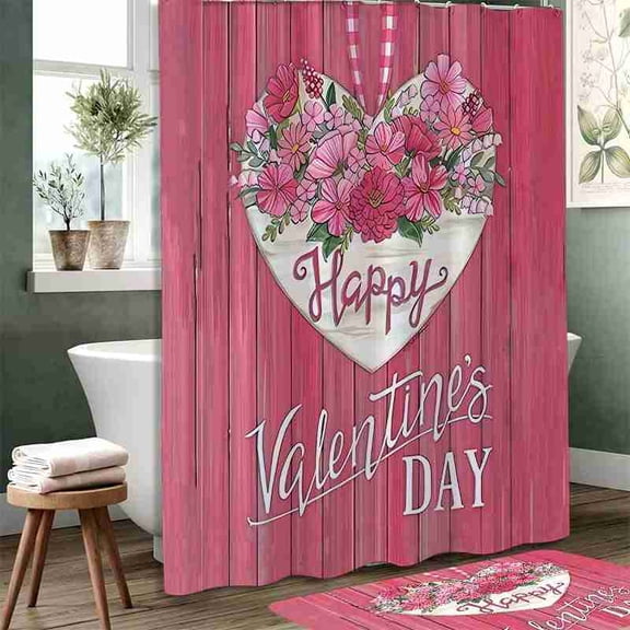 70x70 inch Rustic Pink Wood Plank Floral Heart Happy Valentine's Day Shower Curtain, Waterproof Polyester Fabric with Hooks for Bathroom Decor