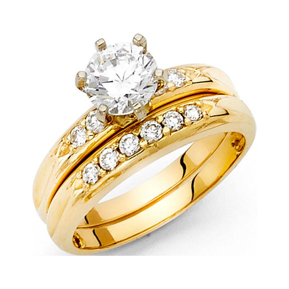 CZ Solitaire Engagement Ring & Wedding Band 14k Yellow Gold Bridal Rings Set Round CZ Side Stone Size 6