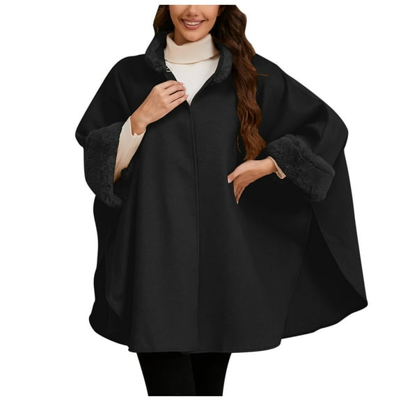 Ediodpoh Ladies Fashion Loose Plush Collar with Solid Color Windproof Cape Coat Elegant Outerwear Black