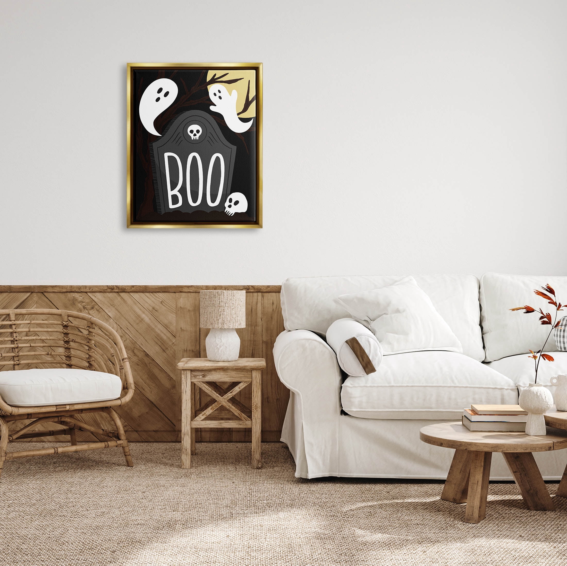 Stupell Industries Boo Haunted Night Gravestone Graphic Art Metallic Gold Floating Framed Canvas Print Wall Art, Design by Hey Bre! Creative Studio