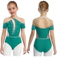 thumbnail image 5 of YiZYiF Kids Girls Short Sleeve Gymnastics Leotard Athletic Dance Bodysuit Sparkle Rhinestones Green 6, 5 of 6