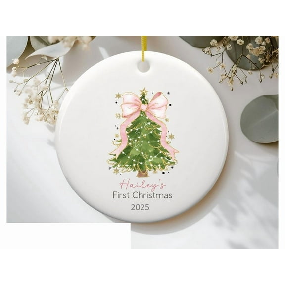 Baby First Christmas Ornament 2025, Personalized First Christmas Ornament Baby Girl Name, Baby Shower Gift, Baby Family Keepsake, Pink Bow