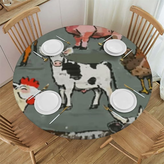 Cute Round Fitted Tablecloth with Elastic Edge, Farm Animals Table Cloth Waterproof Wipeable Round Table Cover
