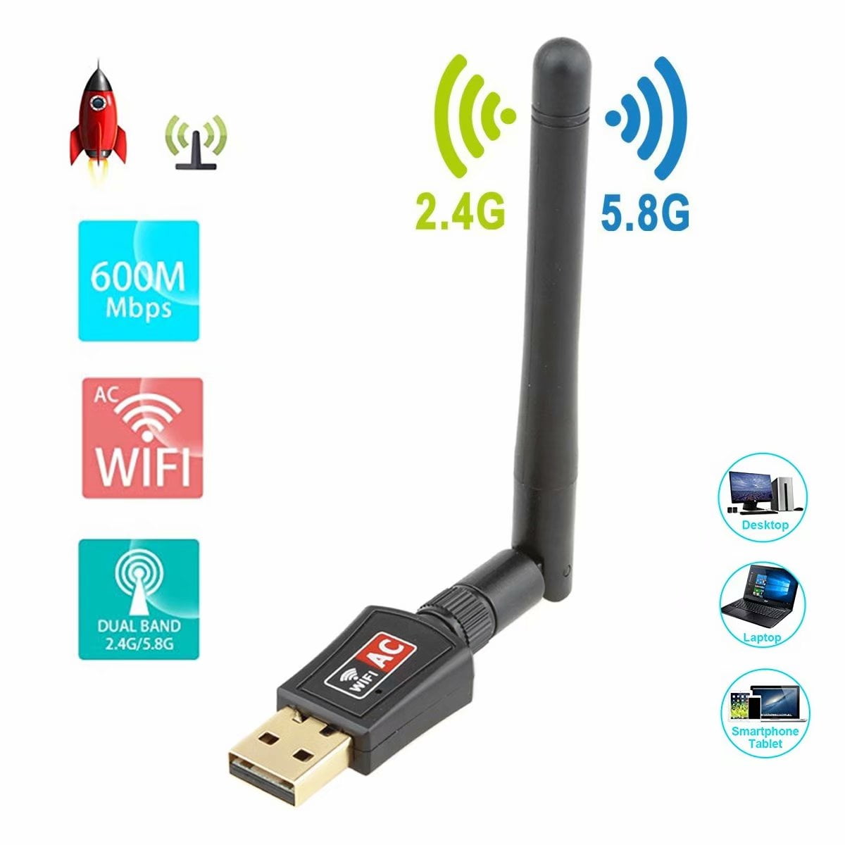 Wireless USB Wifi Adapter AC600Mbps Dual Band 2.4G/5GHz for PC Laptop & Desktop 
