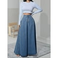 thumbnail image 5 of Women'S Retro High Waisted Button Fly Flared Long Pleated Flowy Swing A-Line Denim Maxi Skirts Dark Blue S, 5 of 10