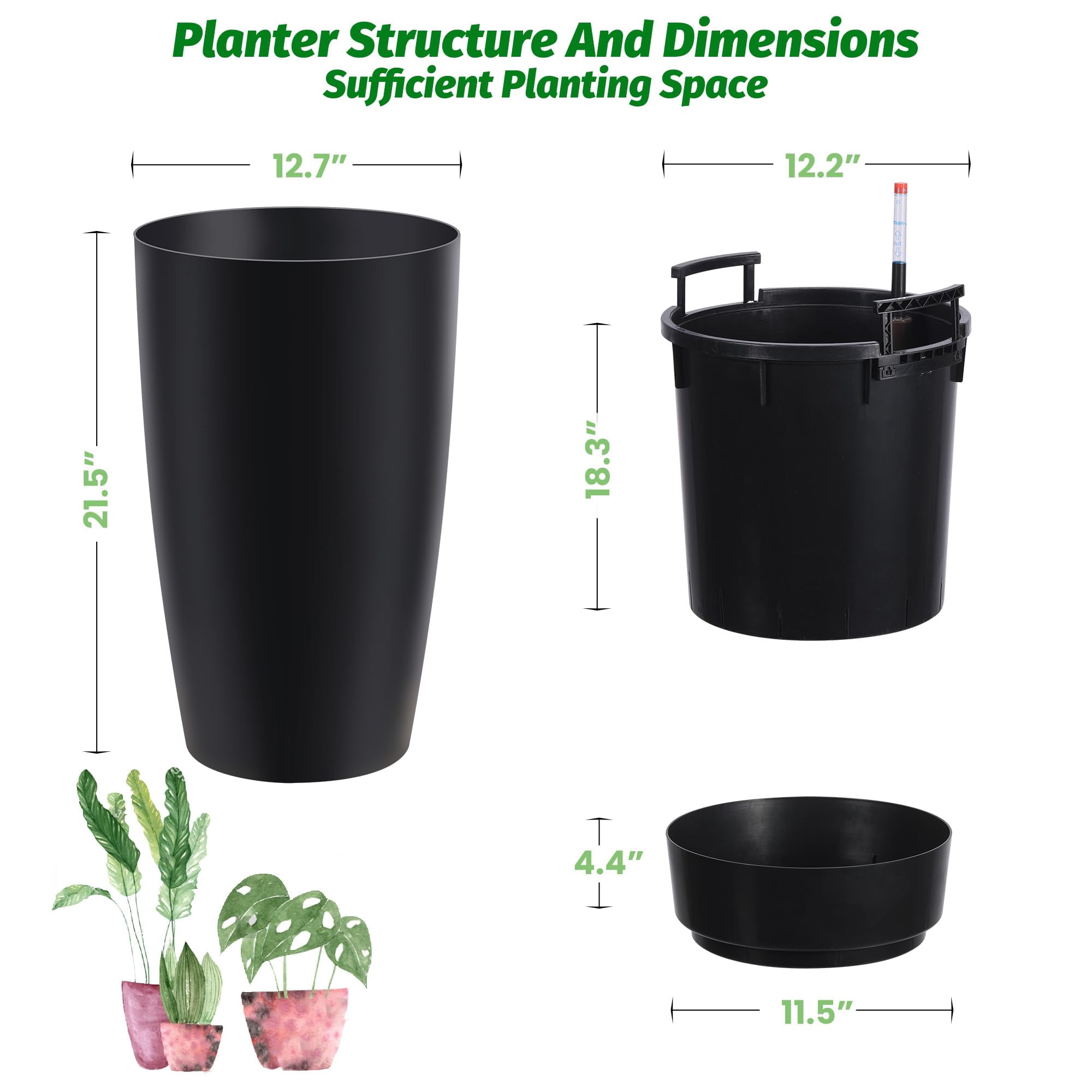 Garvee 2-Pack 22 in Tall Planters for Outdoor Plants with Water Level Monitor ＆ Inner Bucket, Black