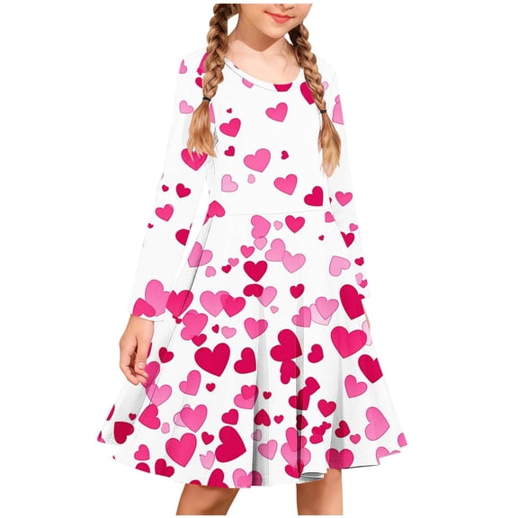 ATOGUTA Dress Girls Long Sleeve Valentines T-Shirt Dresses Kids Spring A-Line Twirly Skater Dresses Size 4T-14, Hot Pink