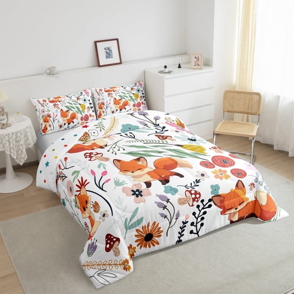 Kawaii Fox Comforter Set Mushroom Floral Twin Bedding Sets ,Cartoon Animal Quilt Watercolor Flowers Leaves Duvet Insert ,Cute Room Decor