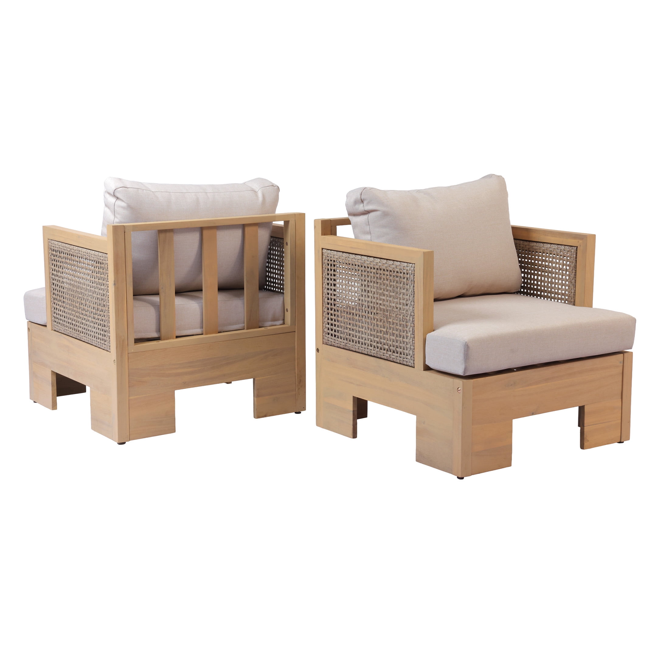 Christopher Knight Home Acacia Wood Outdoor Club Chair with Wicker Armrests, Beige Cushion, Light Teak, Set of 2