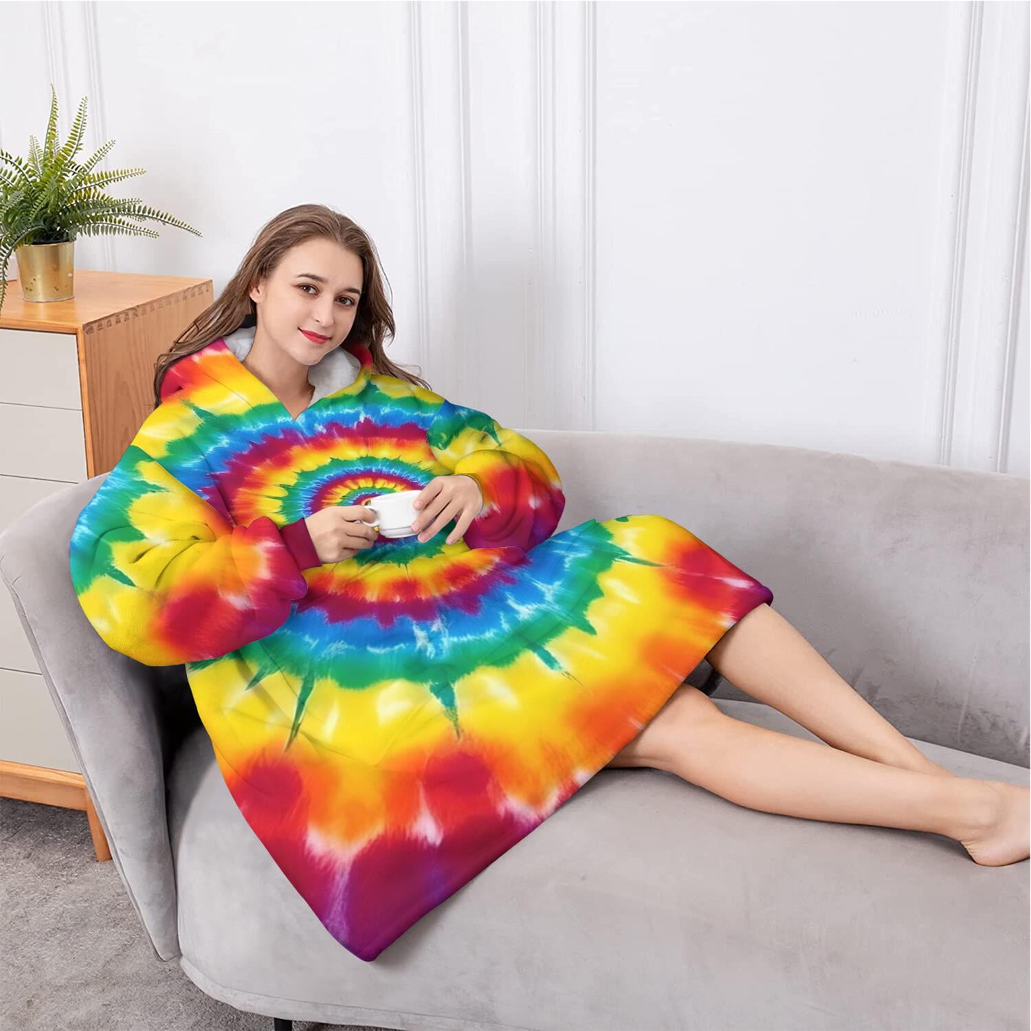 Oversized Wearable Blanket Hoodie,Rainbow Tie Dye Concentric Circles Sherpa Blanket Hoodie with Super Pockets,Super Warm Fuzzy Pullover for Women & Men