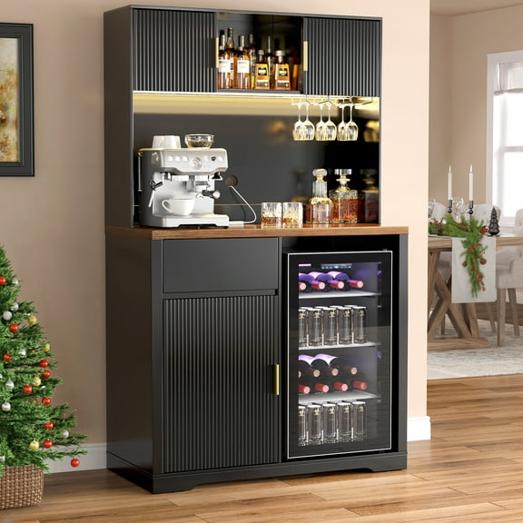 72" Tall Bar Cabinet with Fridge Space, Fluted Coffee Liquor Hutch Cabinet with Storage