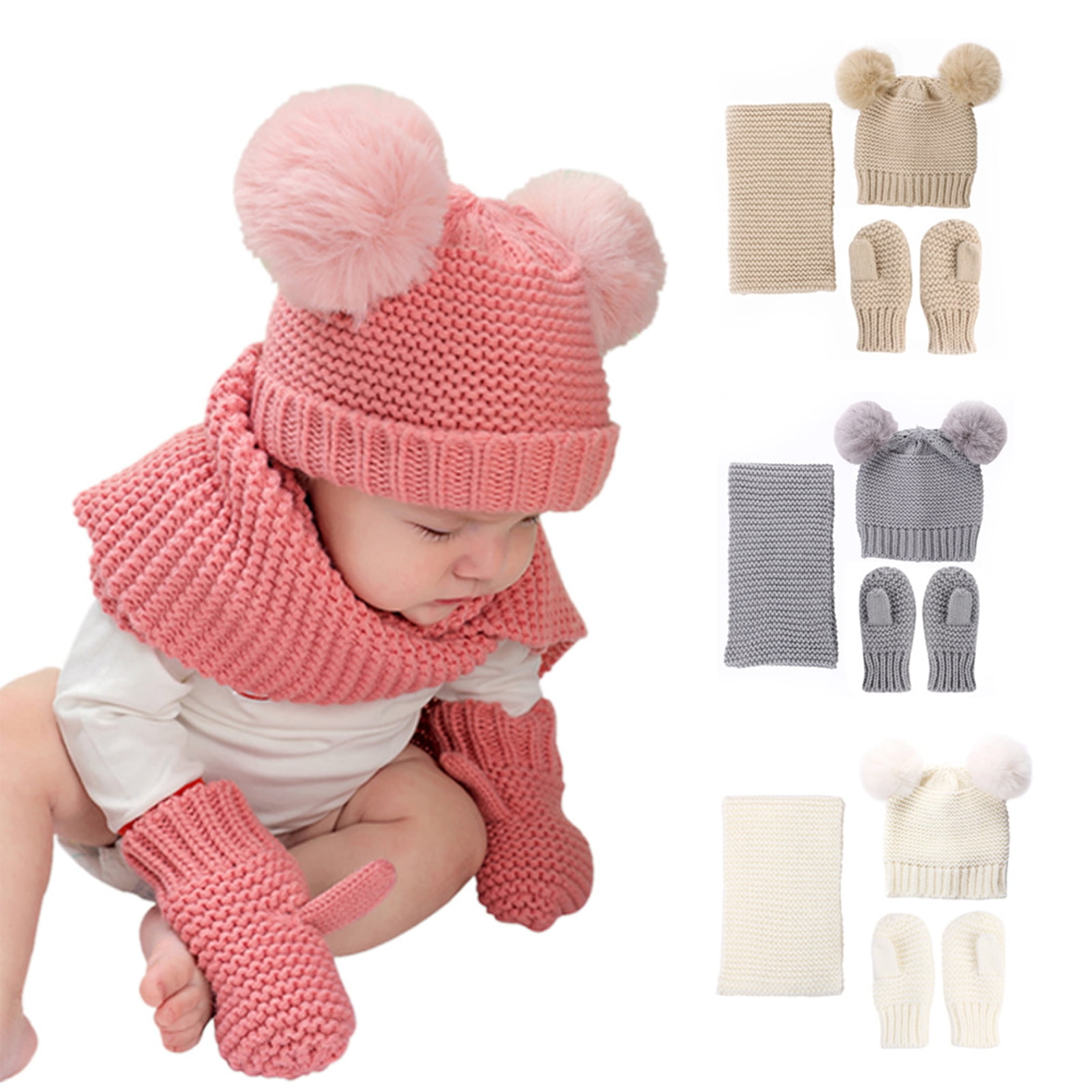 4PCS Baby Toddler Winter Hat Scarf and Gloves Set Infant Knit Beanie Cap 0-3year 