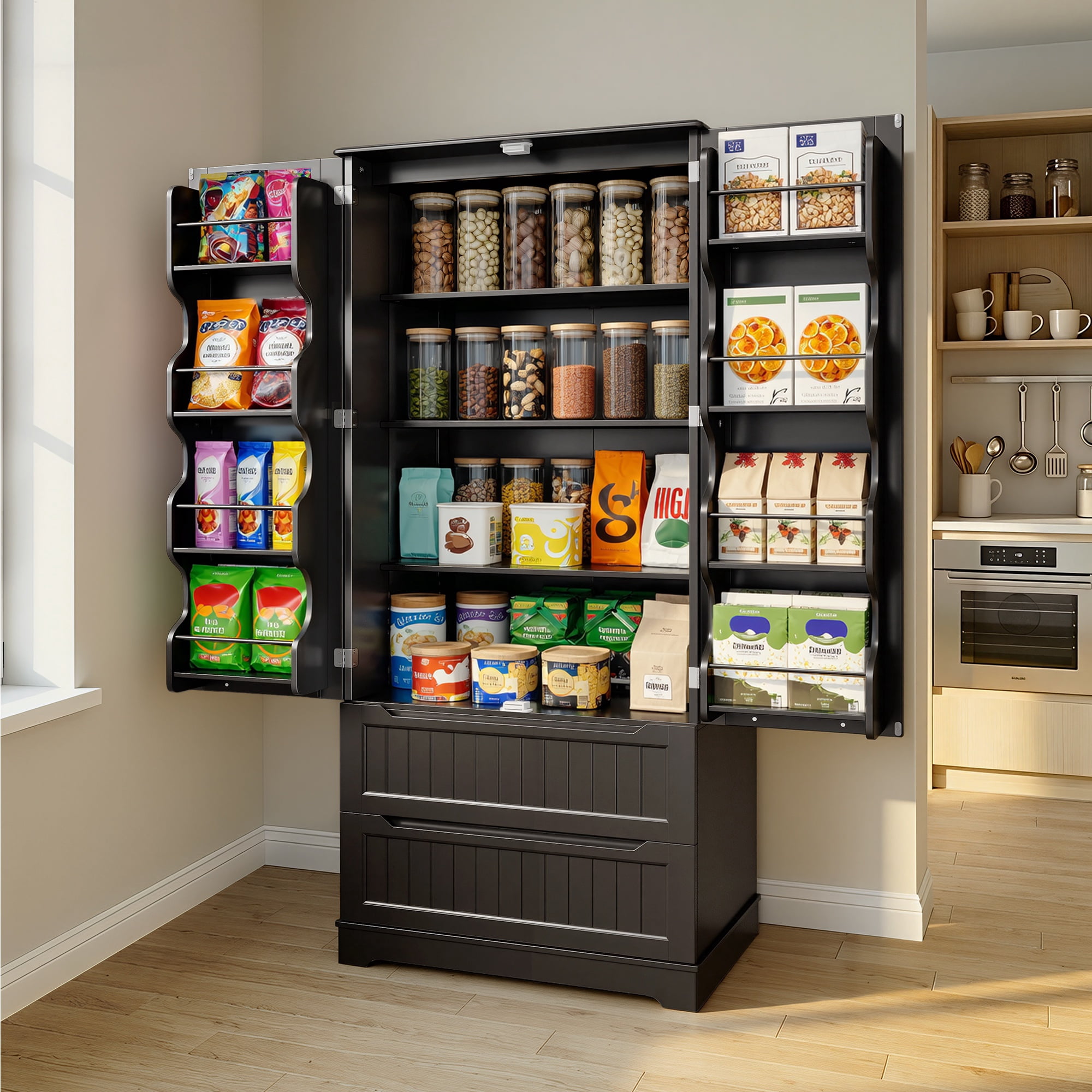 Pantry Cabinet, Asofer 71" Pantry Storage Cabinet with 2 Doors , 11 Shelves & 2 Drawers for Kitchen Dining Room, Black
