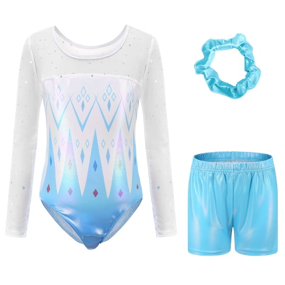 Afdoent Girls 2 Piece Outfits Girls Long Sleeve Dance Gymnastics Outfit With Glitter Rhinestone Printed Leotard Pants Headband Performance 5-6 Years