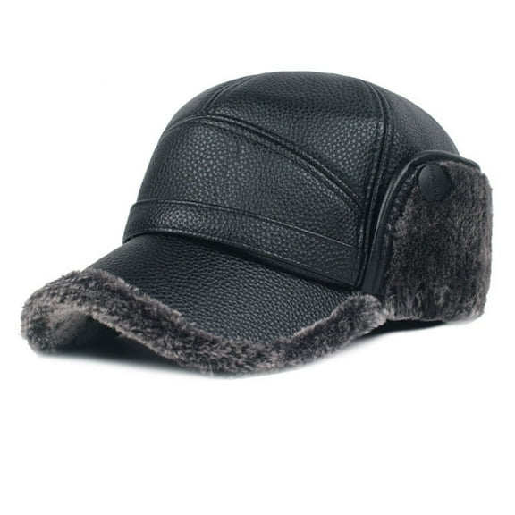 Mens' Leather Hat Winter Warm Trapper Outdoor Hunting Ear Flap Baseball Cap with Brim