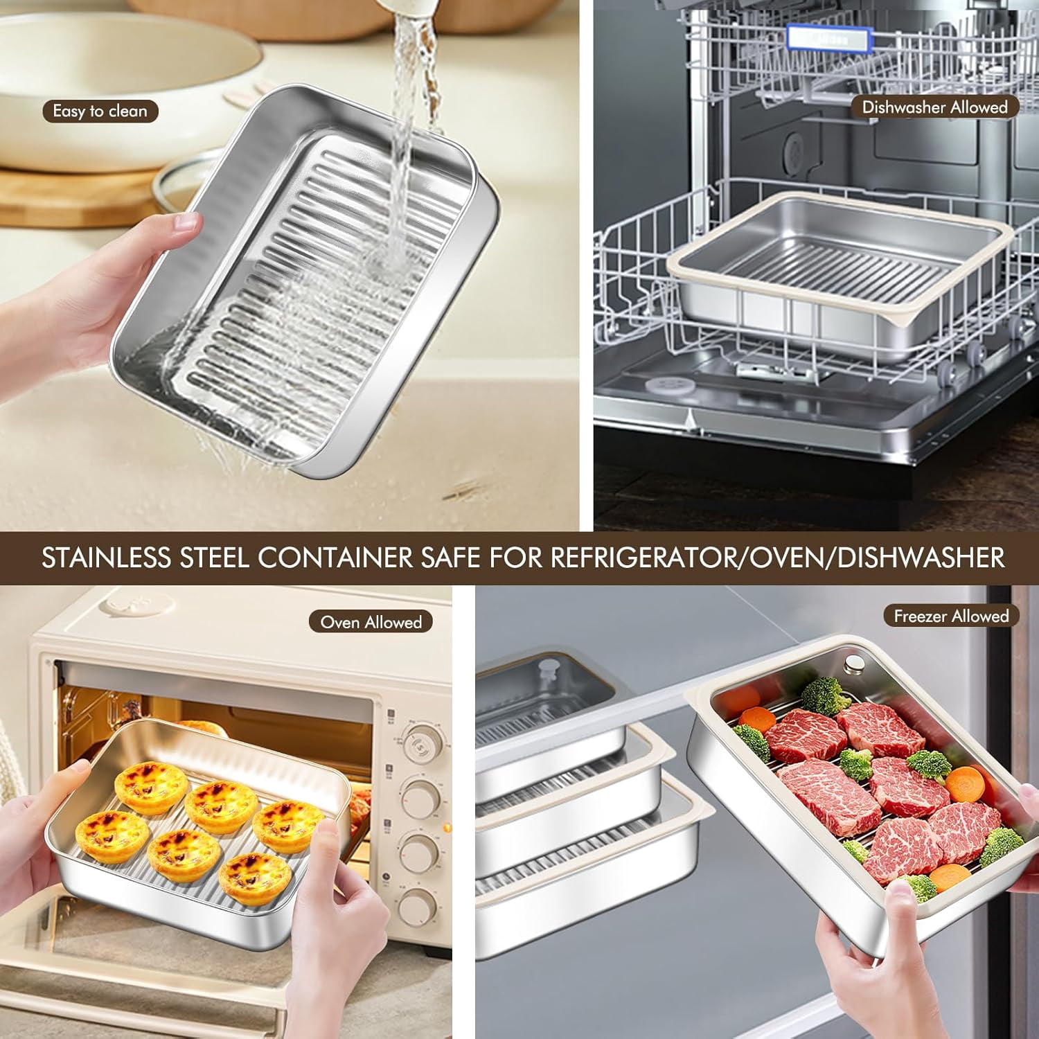 3-Pack Extra Thick 304 Stainless Steel Storage Containers Set, Non-Stick Bottom Food Storage Boxes with Airtight Glass Silicone Lids, Stackable Kitchen Organizers for Meal Prep & Pantry Storage