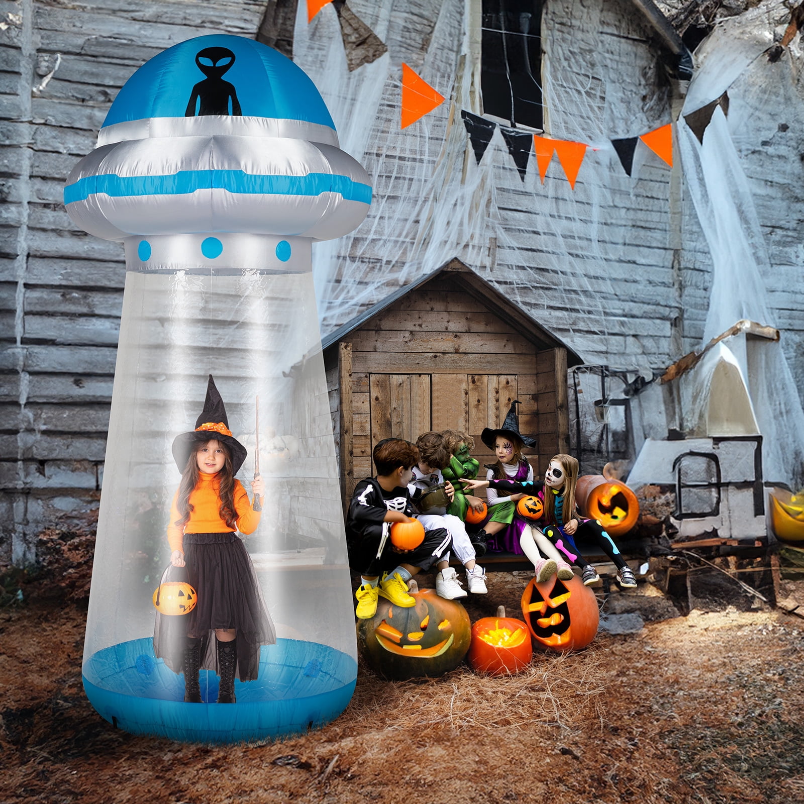 8.8 FT Halloween Inflatable UFO Yard Decoration with Stand-Inside Design LED Lights Quick Inflation for Party Yard Garden Decor