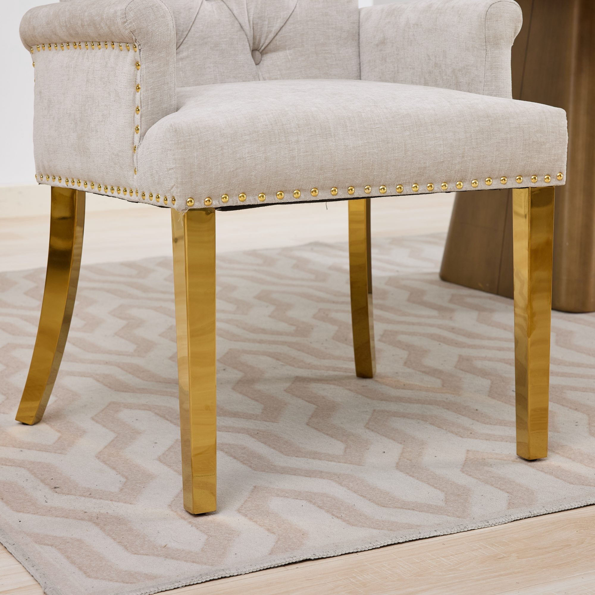GARITIN Upholstered Dining Chair with Arms, Tufted Button High Back Accent Chair with Nailhead Trim and Stainless Steel Legs, Beige & Gold